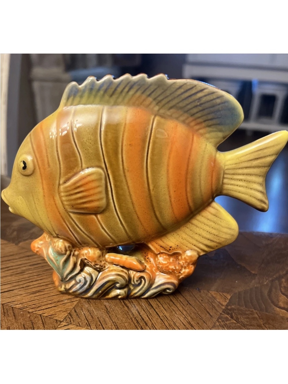 Vtg Ceramic Colorful Fish Art Sculpture (1pc) Figurine Green Brown Blue 4.5 Inch